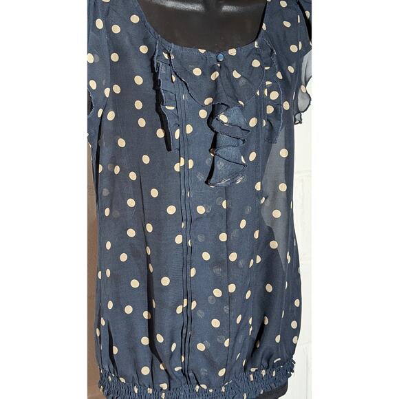 Maurices Navy Blue Polka Dot Sleeveless Blouse Top with Ruffle Detail Medium - Picture 2 of 5